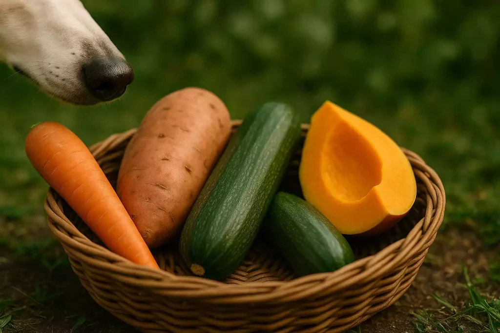 Un panier en osier posé sur l’herbe contient une sélection de légumes frais : carotte, patate douce, courgette, et une tranche de potiron. À gauche, le museau d’un Whippet s’approche curieusement du panier. L’arrière-plan flou de verdure crée une ambiance naturelle et paisible.