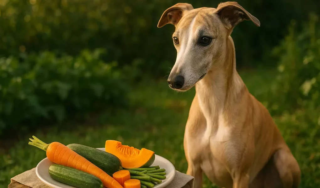 Un Whippet fauve au pelage lisse observe attentivement une assiette posée sur une table en bois recouverte de lin, contenant des légumes frais : carottes, courgettes, haricots verts et une tranche de potiron. L’ensemble est éclairé par une lumière dorée en extérieur, sur fond de jardin flou, créant une ambiance douce et naturelle.