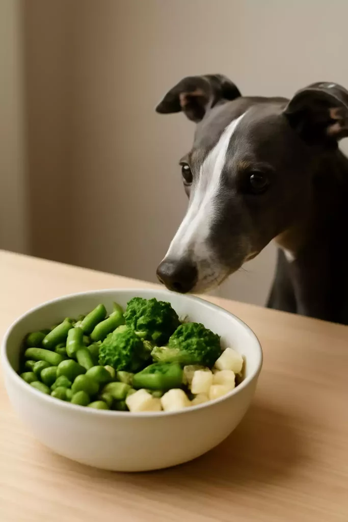 Un Whippet noir et blanc fixe intensément un bol en céramique posé sur une table en bois clair. Le bol contient un mélange de légumes cuits : brocoli, haricots verts, petits pois et dés de panais. L’éclairage naturel met en valeur la curiosité du chien et les couleurs vives des légumes.