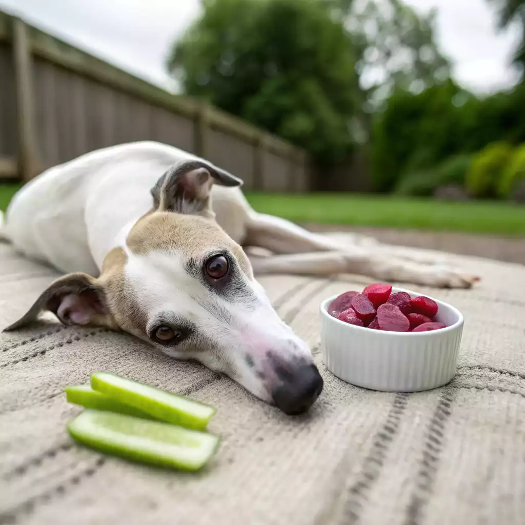 Un Whippet au pelage clair est allongé sur un plaid beige en extérieur, la tête posée au sol, regard tourné vers l’objectif. À côté de lui, un ramequin blanc contient des rondelles de betterave cuite, et quelques bâtonnets de concombre sont posés devant. La scène dégage une ambiance paisible et détendue dans un jardin verdoyant.