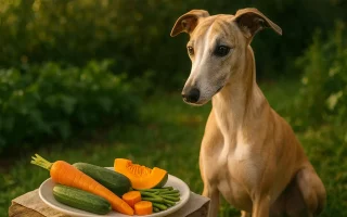 Un Whippet fauve au pelage lisse observe attentivement une assiette posée sur une table en bois recouverte de lin, contenant des légumes frais : carottes, courgettes, haricots verts et une tranche de potiron. L’ensemble est éclairé par une lumière dorée en extérieur, sur fond de jardin flou, créant une ambiance douce et naturelle.