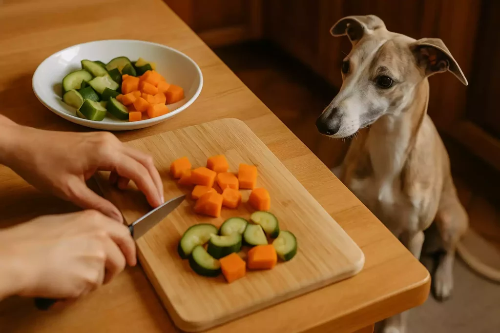 Un lévrier fauve à l’expression attentive est assis près d’une table en bois, observant une personne qui découpe des cubes de courgette et de potiron sur une planche. À l’arrière-plan, une assiette blanche contient les mêmes, cuits. L’ambiance est chaleureuse, dans une cuisine bien éclairée.