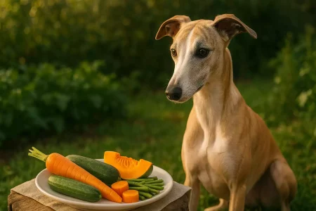 Un Whippet fauve au pelage lisse observe attentivement une assiette posée sur une table en bois recouverte de lin, contenant des légumes frais : carottes, courgettes, haricots verts et une tranche de potiron. L’ensemble est éclairé par une lumière dorée en extérieur, sur fond de jardin flou, créant une ambiance douce et naturelle.