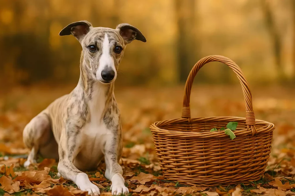 Un lévrier bringé au regard doux est assis sur un tapis de feuilles mortes dans un sous-bois aux teintes automnales. À ses côtés, un panier en osier vide laisse dépasser quelques feuilles vertes. L’ensemble évoque une atmosphère paisible de fin de promenade ou de cueillette.