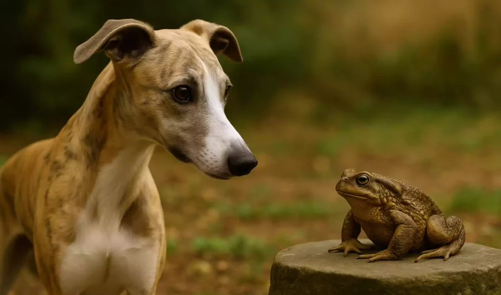 Whippets et crapauds : Whippet bringé clair observant un crapaud posé sur une pierre dans un jardin naturel, en fin d’été.