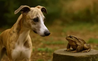Whippets et crapauds : Whippet bringé clair observant un crapaud posé sur une pierre dans un jardin naturel, en fin d’été.