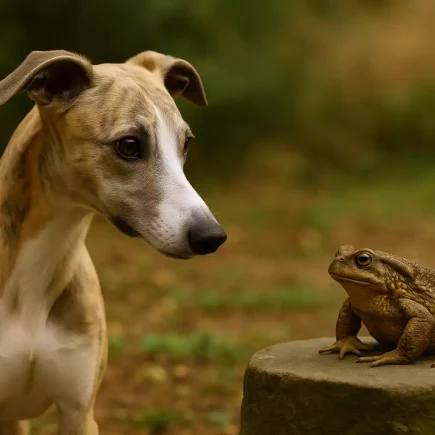 Whippets et crapauds : Whippet bringé clair observant un crapaud posé sur une pierre dans un jardin naturel, en fin d’été.
