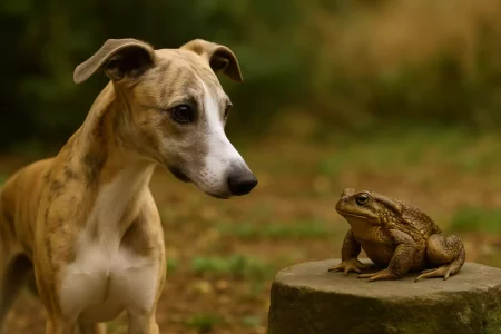 Whippets et crapauds : Whippet bringé clair observant un crapaud posé sur une pierre dans un jardin naturel, en fin d’été.