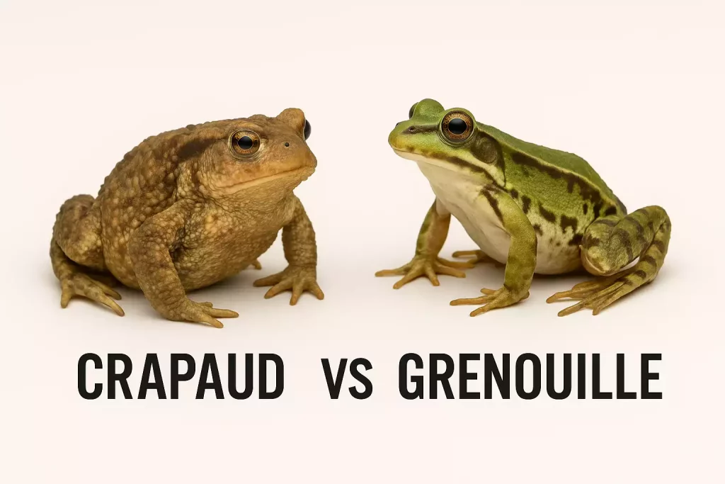 Comparaison visuelle entre un crapaud brun à la peau rugueuse et une grenouille verte à la peau lisse, avec les mentions “CRAPAUD” vs “GRENOUILLE” en lettres noires.