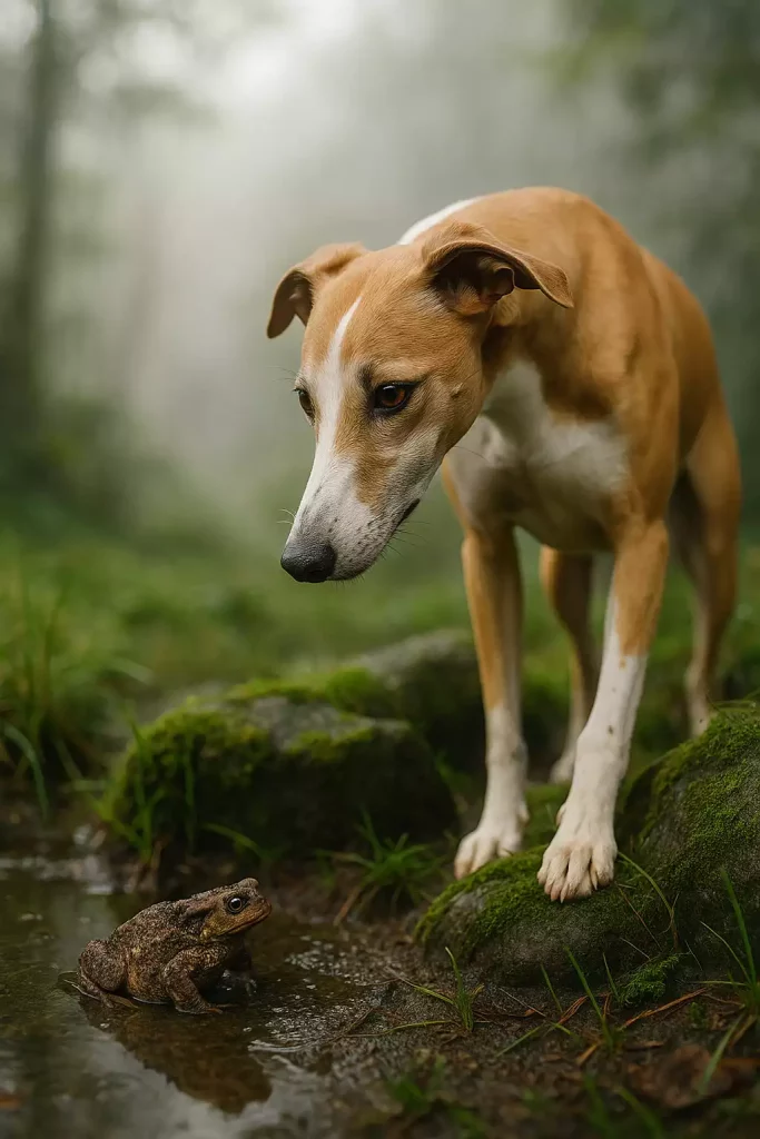 Whippet fauve et blanc observant un crapaud au bord d’une flaque dans une forêt humide et brumeuse.