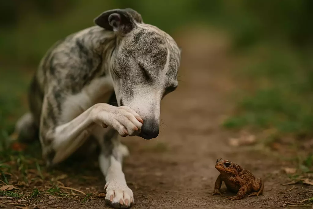 Whippets et crapauds : Whippet bringé gris se frottant la gueule avec sa patte, face à un crapaud brun posé sur un chemin forestier.