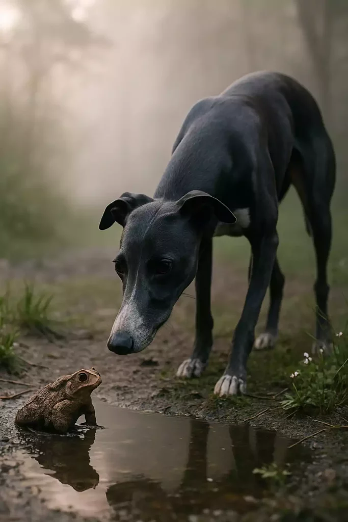 Whippet bleu observant un crapaud brun près d’une flaque d’eau dans un sous-bois brumeux.