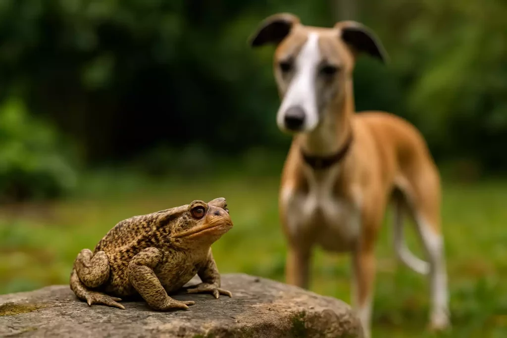 Whippets et crapauds : Crapaud posé sur une pierre au premier plan, avec un Whippet fauve et blanc flou en arrière-plan dans un jardin.