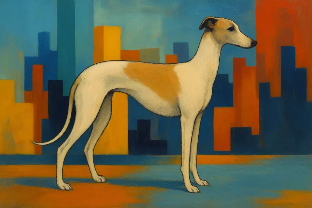 Tableau contemporain représentant un Whippet fauve et blanc en position de profil, sur un fond abstrait évoquant une ville stylisée aux couleurs vives. Des formes géométriques orange, bleues et jaunes composent l’arrière-plan, créant un contraste harmonieux avec la silhouette élancée du chien. L’œuvre mêle réalisme et modernité avec une touche artistique vibrante.