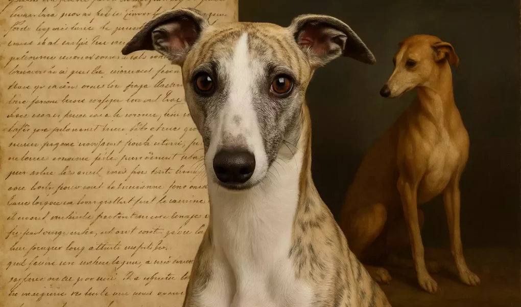 Portrait ultra-réaliste d’un Whippet bringé au pelage fauve et blanc, regardant droit vers l’objectif. En arrière-plan, à gauche, une feuille ancienne manuscrite de poésie sur les Whippets, et à droite, un tableau classique représentant un Whippet fauve dans un cadre doré. L’ensemble évoque le lien entre art, littérature et histoire de la race.