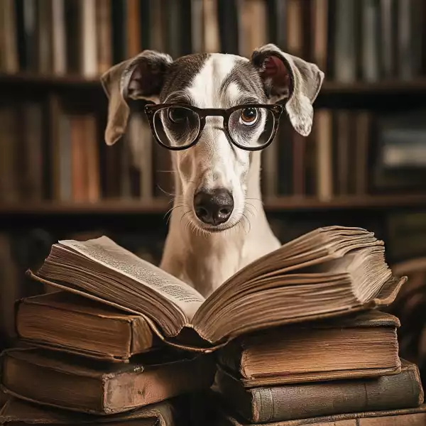 Portrait humoristique d’un Whippet noir et blanc portant des lunettes, assis derrière une pile de vieux livres ouverts, dans une bibliothèque ancienne. L’image évoque la lecture, l’érudition et le lien entre les Whippets et la littérature.
