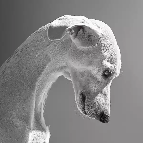 Portrait artistique en noir et blanc d’un Whippet vu de profil, la tête légèrement penchée vers le bas. La lumière douce met en valeur les courbes délicates de son cou et l’expression mélancolique de son regard, créant une ambiance sobre, élégante et contemplative.