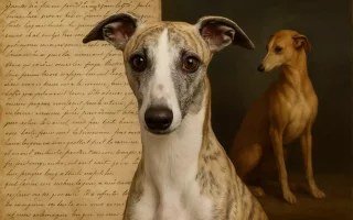 Portrait ultra-réaliste d’un Whippet bringé au pelage fauve et blanc, regardant droit vers l’objectif. En arrière-plan, à gauche, une feuille ancienne manuscrite de poésie sur les Whippets, et à droite, un tableau classique représentant un Whippet fauve dans un cadre doré. L’ensemble évoque le lien entre art, littérature et histoire de la race.