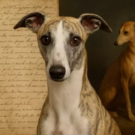 Portrait ultra-réaliste d’un Whippet bringé au pelage fauve et blanc, regardant droit vers l’objectif. En arrière-plan, à gauche, une feuille ancienne manuscrite de poésie sur les Whippets, et à droite, un tableau classique représentant un Whippet fauve dans un cadre doré. L’ensemble évoque le lien entre art, littérature et histoire de la race.