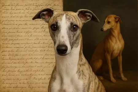 Portrait ultra-réaliste d’un Whippet bringé au pelage fauve et blanc, regardant droit vers l’objectif. En arrière-plan, à gauche, une feuille ancienne manuscrite de poésie sur les Whippets, et à droite, un tableau classique représentant un Whippet fauve dans un cadre doré. L’ensemble évoque le lien entre art, littérature et histoire de la race.