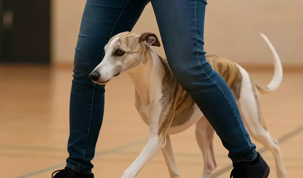 Un Whippet bringé fauve passant entre les jambes de sa maîtresse lors d’un exercice d’obérythmée en salle.