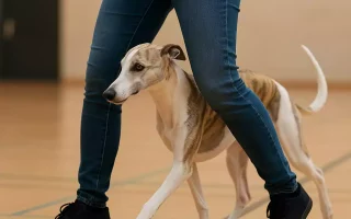Un Whippet bringé fauve passant entre les jambes de sa maîtresse lors d’un exercice d’obérythmée en salle.
