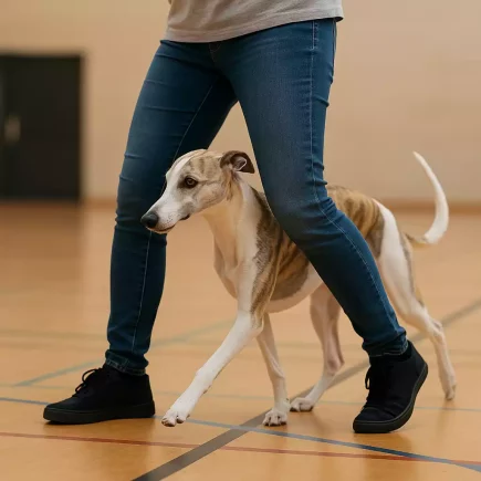 Un Whippet bringé fauve passant entre les jambes de sa maîtresse lors d’un exercice d’obérythmée en salle.