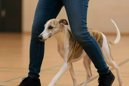 Un Whippet bringé fauve passant entre les jambes de sa maîtresse lors d’un exercice d’obérythmée en salle.