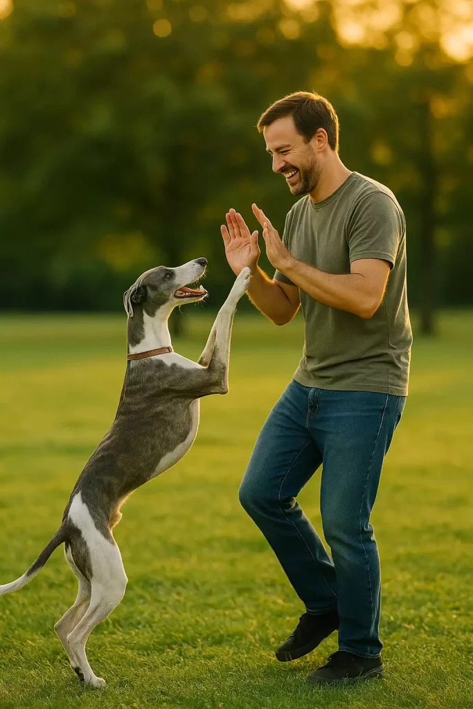 Un Whippet gris et blanc debout sur ses pattes arrière face à un homme souriant, lors d’un exercice de dog dancing en extérieur.