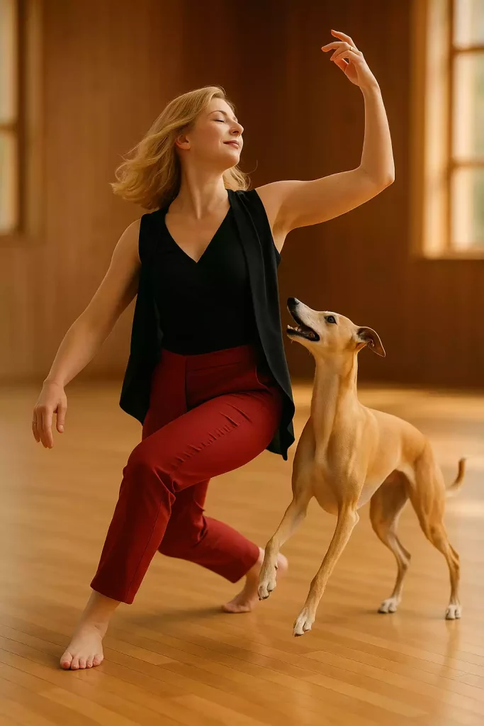 Un Whippet fauve accompagnant une femme blonde dans un mouvement de danse lors d’une séance d’obérythmée en salle.