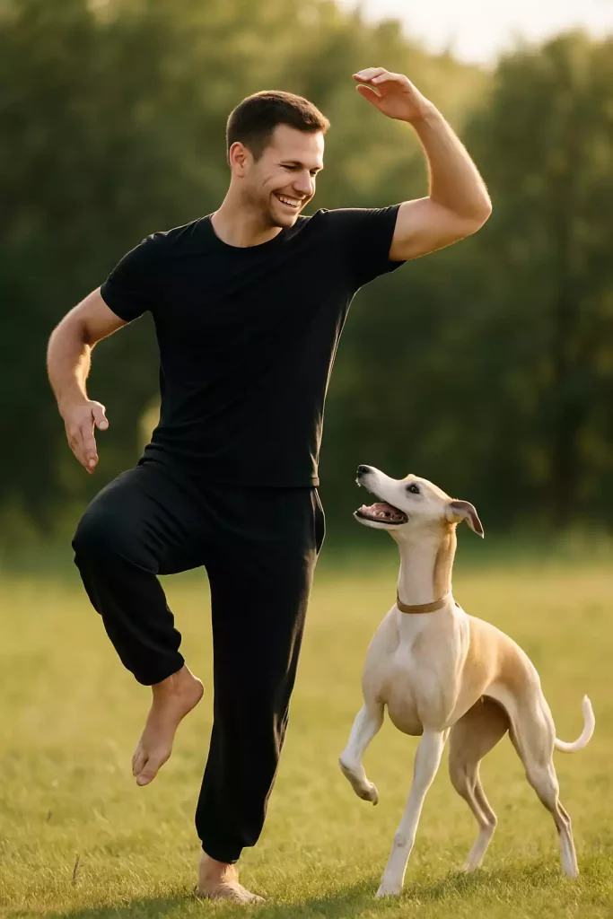 Un Whippet sable et blanc marchant en rythme avec un homme souriant lors d’un exercice de dog dancing en plein air.