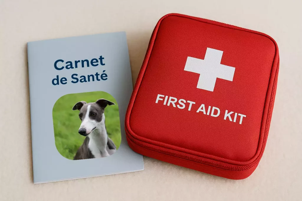 Carnet de santé illustré d’un Whippet posé à côté d’une trousse de secours rouge marquée 'First Aid Kit', soulignant l’importance d’être prêt en cas d’urgence vétérinaire.