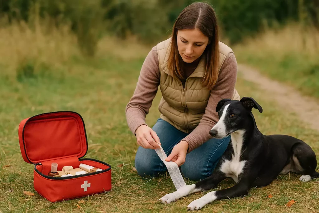 Jeune femme appliquant un bandage sur la patte d’un lévrier noir et blanc allongé calmement dans l’herbe, avec un nécessaire d'urgence ouvert à proximité, en pleine nature.