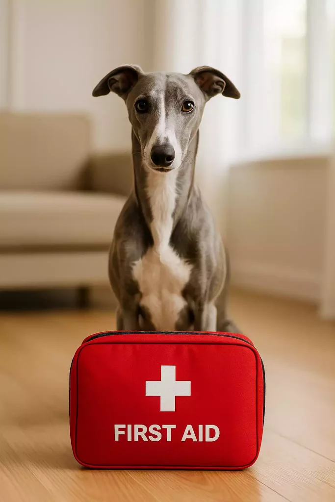 Un lévrier gris assis dans un intérieur lumineux, attentif, derrière une pochette rouge marquée 'First Aid', symbolisant la vigilance et la préparation en cas d’urgence.