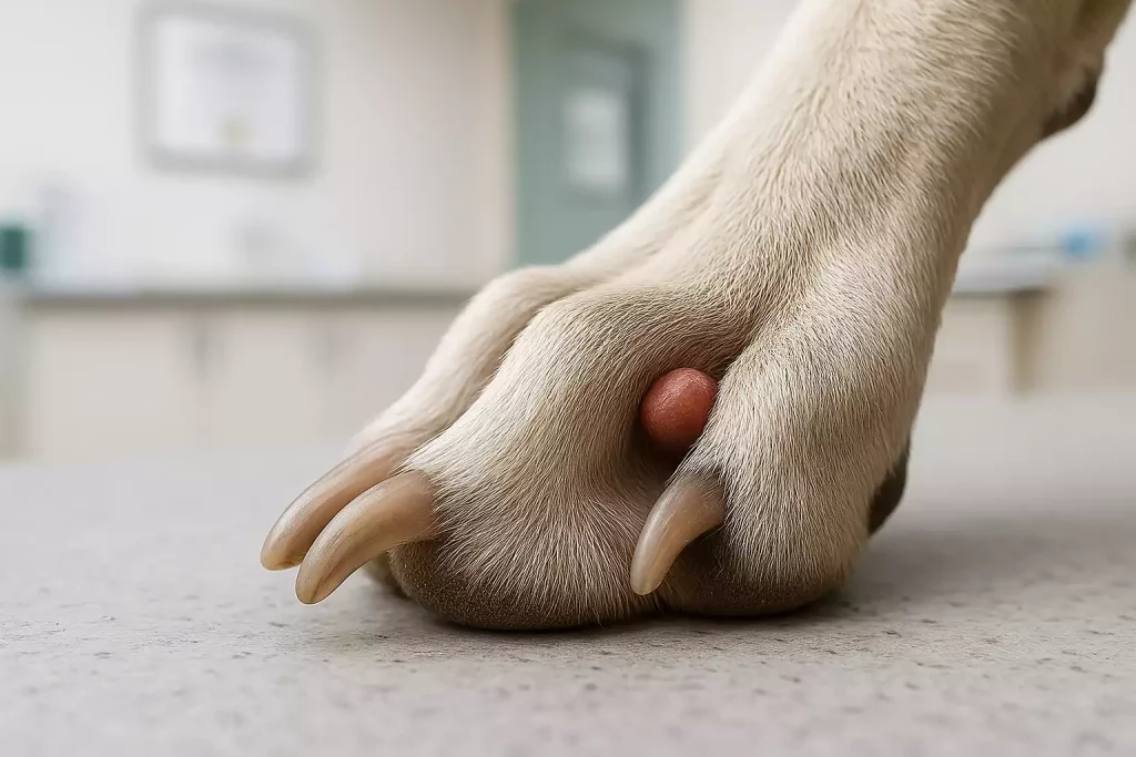 Gros plan sur la patte d’un Whippet montrant une petite masse rosée entre deux doigts, signe possible de cancer de la peau chez le Whippet, dans un cabinet vétérinaire.