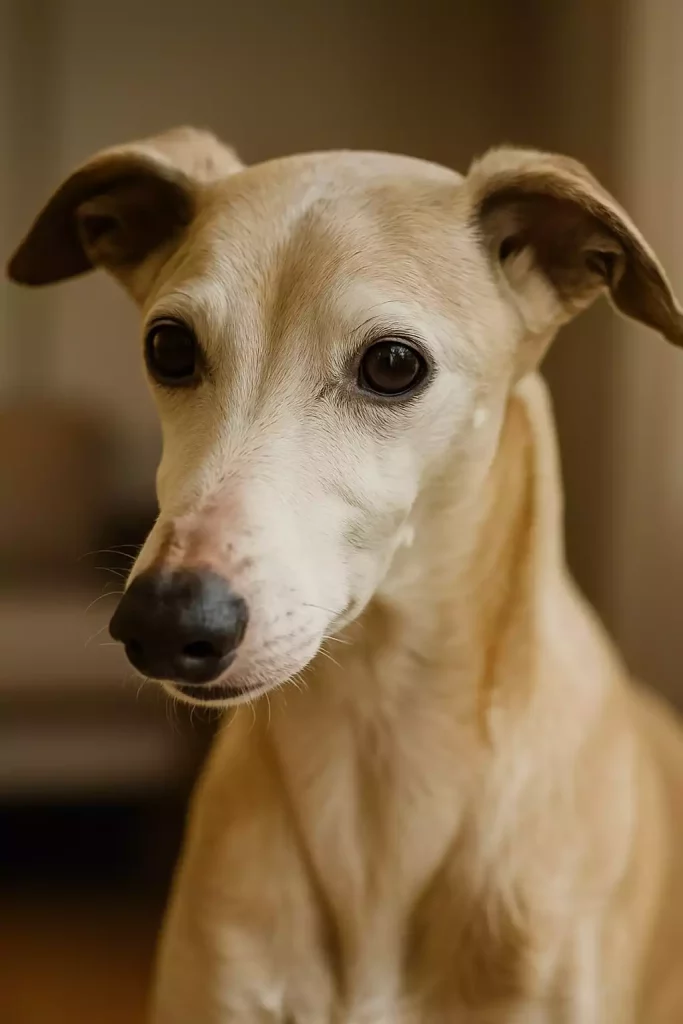 Portrait d’un Whippet âgé au regard doux avec une truffe partiellement dépigmentée, signe possible de vieillissement cutané ou de mélanome nasal chez le Whippet.