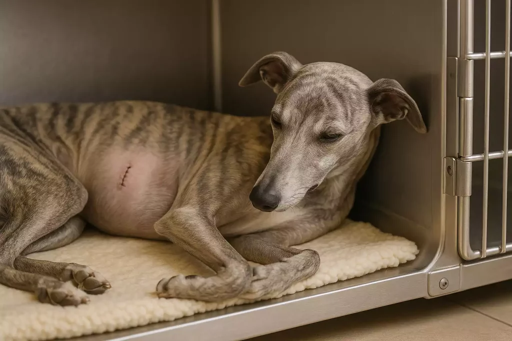 Whippet bringé couché dans une cage vétérinaire, cicatrice chirurgicale visible sur le flanc, après retrait d’une tumeur cutanée.