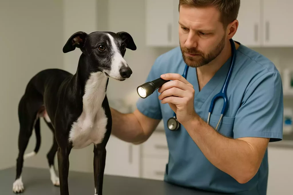 Whippet noir et blanc debout sur une table d’examen pendant une consultation dermatologique, ausculté par un vétérinaire avec une lampe pour détecter un éventuel cancer de la peau chez le Whippet.