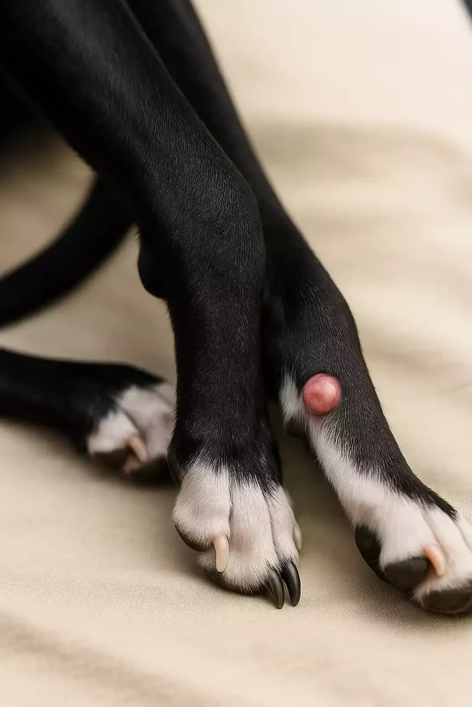 Gros plan sur les pattes d’un Whippet noir et blanc allongé, montrant une masse cutanée rosée, possible tumeur de la peau chez un lévrier à peau fine.