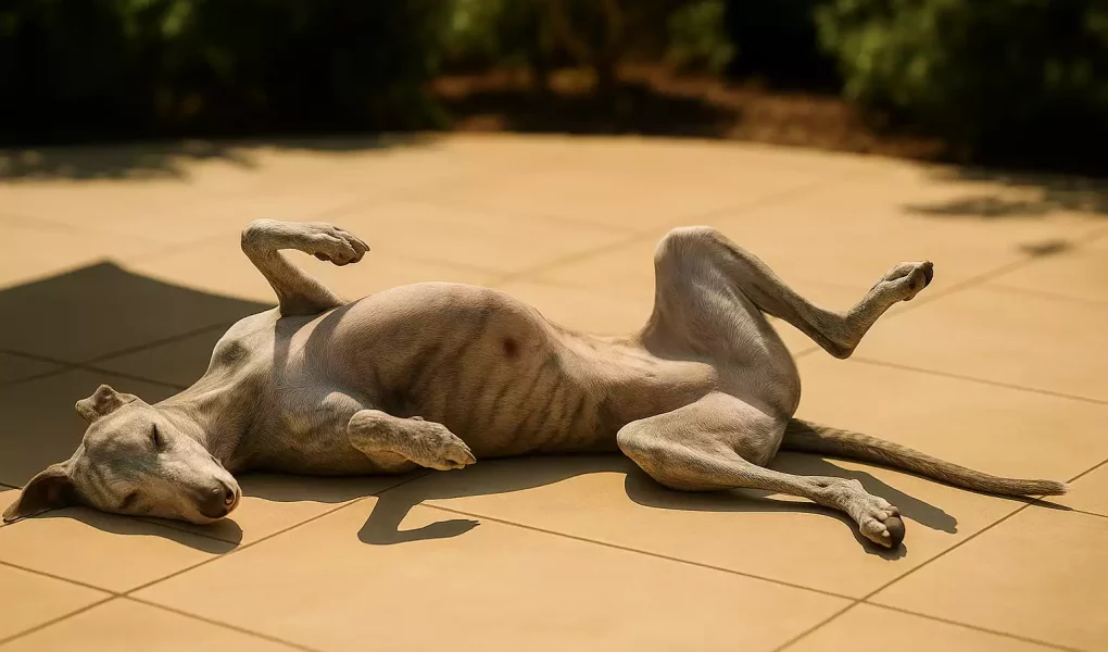 Cancer de la peau et Whippet : Whippet au pelage clair allongé au soleil, petite lésion visible sur le ventre.