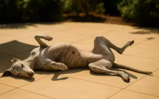 Cancer de la peau et Whippet : Whippet au pelage clair allongé au soleil, petite lésion visible sur le ventre.