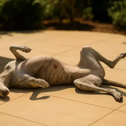 Cancer de la peau et Whippet : Whippet au pelage clair allongé au soleil, petite lésion visible sur le ventre.