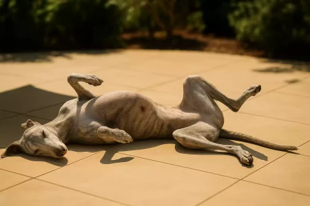 Cancer de la peau et Whippet : Whippet au pelage clair allongé au soleil, petite lésion visible sur le ventre.