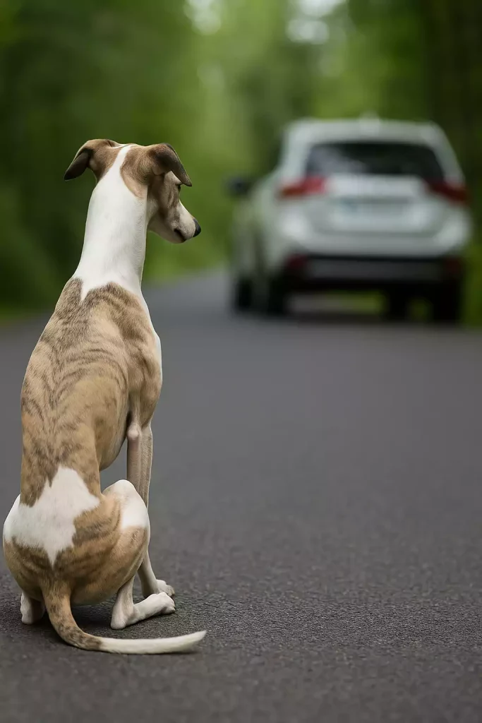 Journée contre l’abandon : Whippet assis au bord d’une route regardant une voiture s’éloigner.