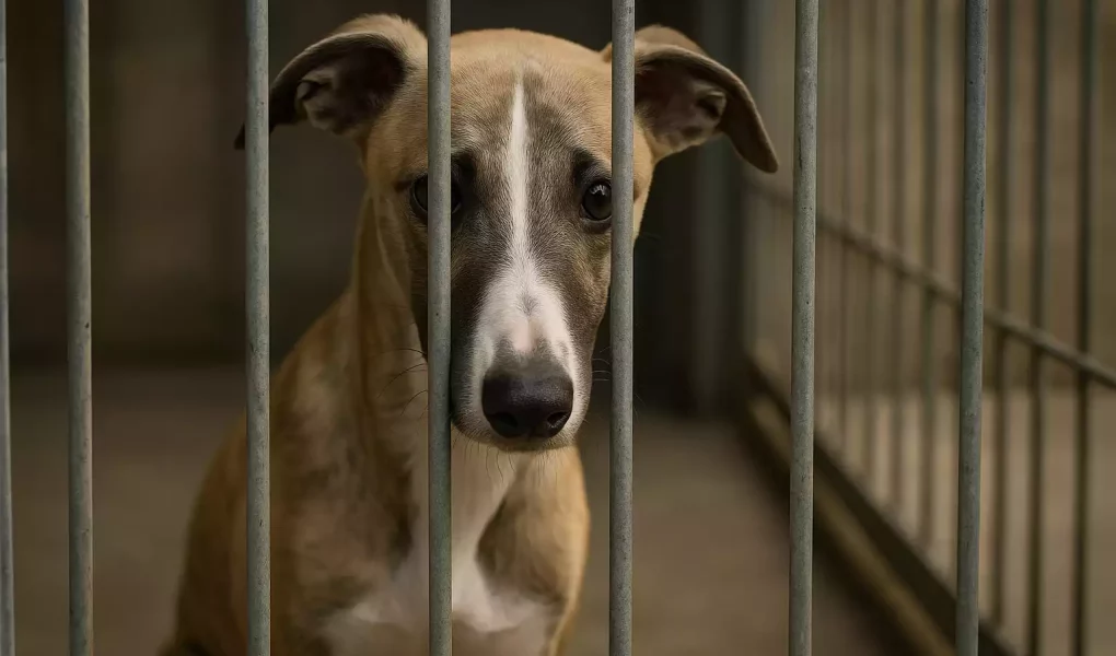 Jeune Whippet triste derrière les barreaux d’un refuge, illustration réaliste pour sensibiliser lors de la Journée mondiale contre l’abandon des animaux de compagnie.