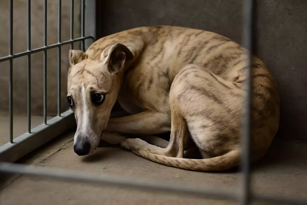 Whippet bringé recroquevillé dans un refuge, illustration émotive pour la Journée mondiale contre l’abandon des animaux de compagnie.