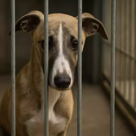 Jeune Whippet triste derrière les barreaux d’un refuge, illustration réaliste pour sensibiliser lors de la Journée mondiale contre l’abandon des animaux de compagnie.