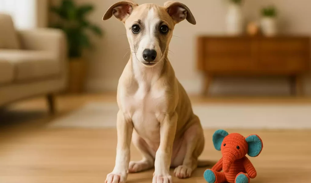 Problèmes avec le chiot Whippet :Chiot Whippet fauve et blanc assis sur un sol en bois, à côté d’une peluche éléphant orange et turquoise, dans un intérieur chaleureux et lumineux.