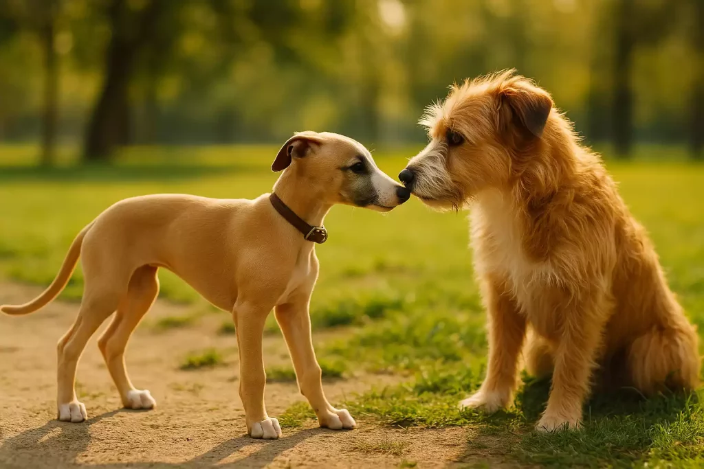 Bonne socialisation pour éviter les problÚmes avec le chiot Whippet : Chiot Whippet fauve reniflant doucement un chien adulte de type terrier dans un parc, sous une lumiÚre naturelle et chaleureuse.