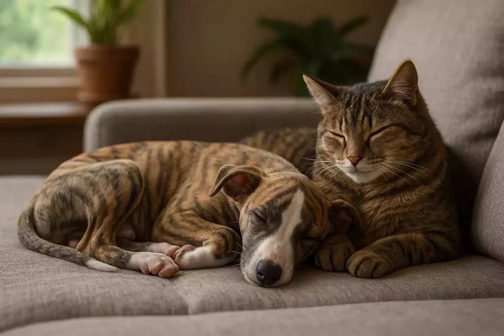 Chiot Whippet bringé endormi contre un chat tigré sur un canapé beige, tous deux paisibles dans un intérieur lumineux et chaleureux. Une bonne socialisation engendre moins de problÚmes avec le chiot Whippet.